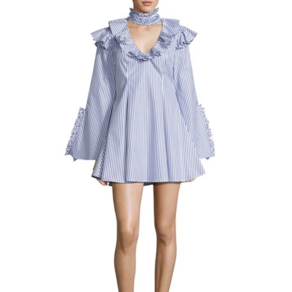 Caroline Constas Micki Choker V Neck Cotton Striped Ruffle Dress 4 - Picture 3 of 13